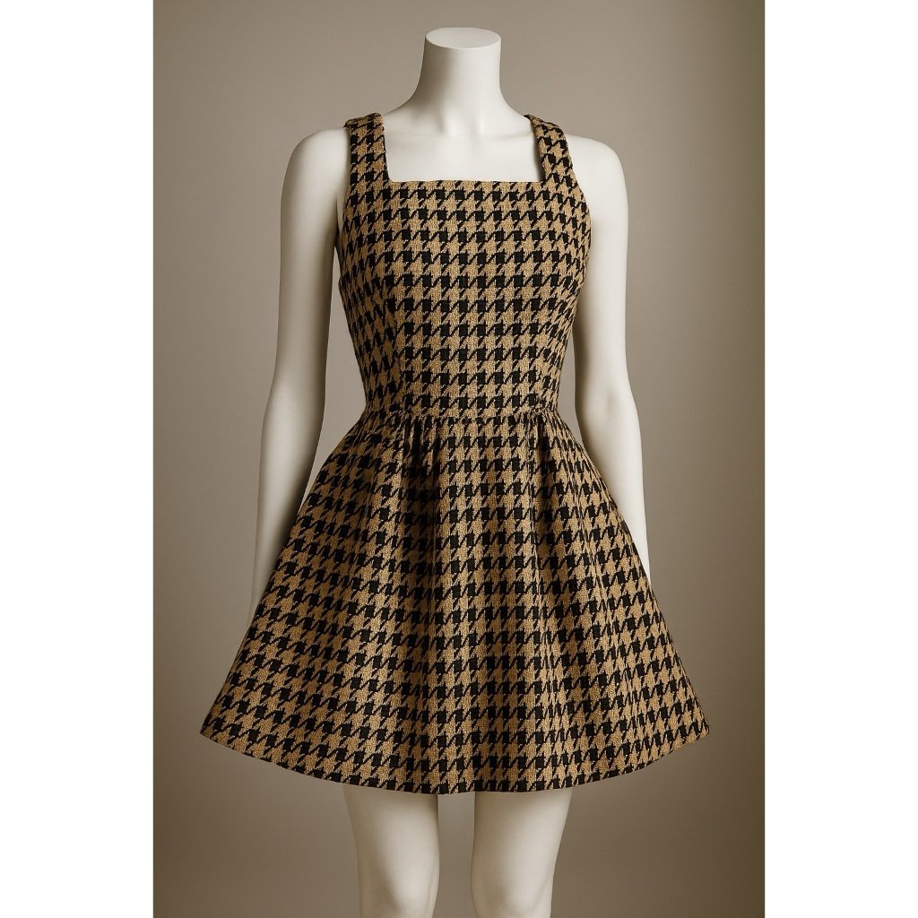 Christian Dior Houndstooth Fit & Flare Dress Black Beige Silk Wool Italy Sz 36